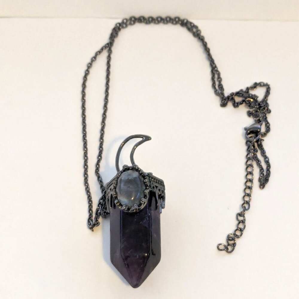 ENERGY MUSE Amethyst Tourmaline/Iolite Cabochon Moon Gunmetal Necklace